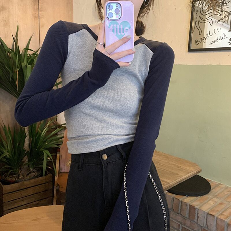 Áo Thun Dài Tay Ôm Dáng Màu Sắc Tương Phản Phong Cách Hàn Quốc Cho Nữ