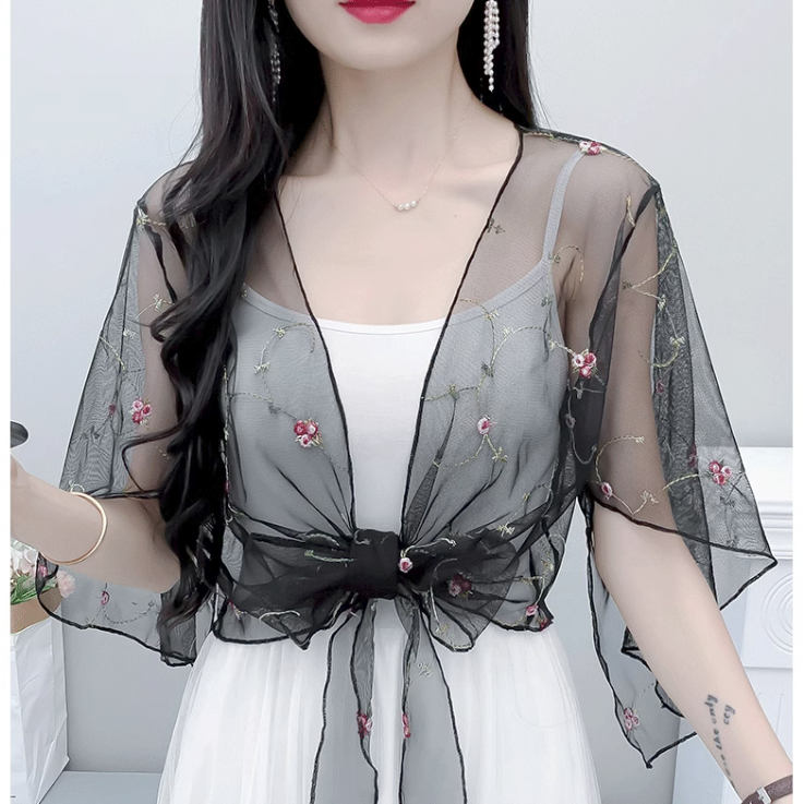 Áo khoác ren lưới thiết kế tay lửng hợp thời trang dành cho nữ