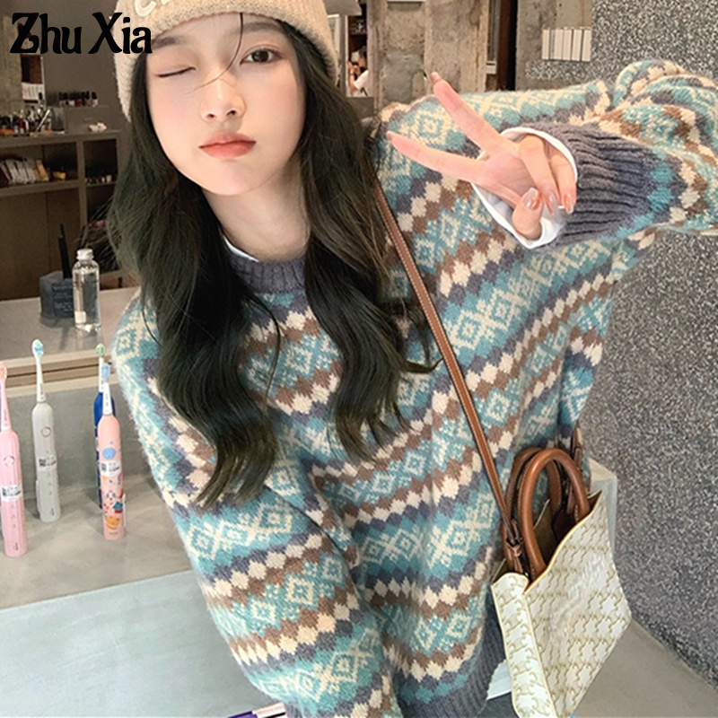 Zhu Xia Áo Khoác Len Tay Dài Dáng Rộng Phong Cách Hàn Quốc Thời Trang Thu Đông Dành Cho Nữ