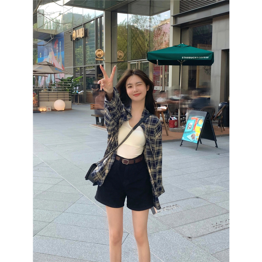 Mushiqi Áo Khoác Sơ Mi Caro Phong Cách retro hong kong Thời Trang Cho Nữ