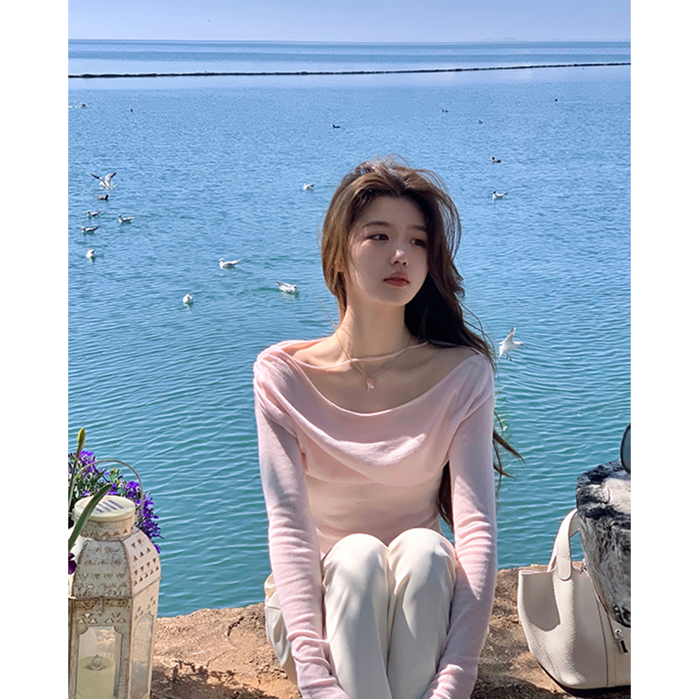 Áo sweater Lệch Vai Một Bên Vai Màu Hồng Nhạt Dịu Dàng Nữ Tính