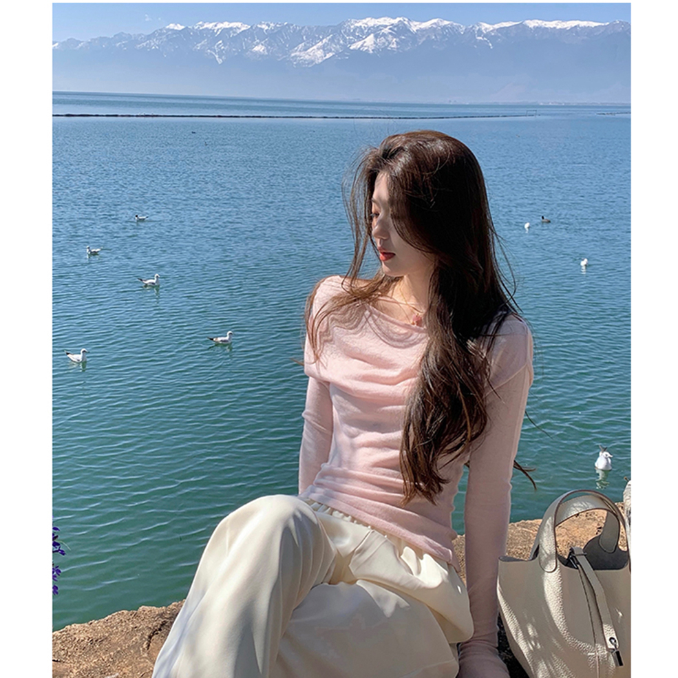 Áo sweater Lệch Vai Một Bên Vai Màu Hồng Nhạt Dịu Dàng Nữ Tính