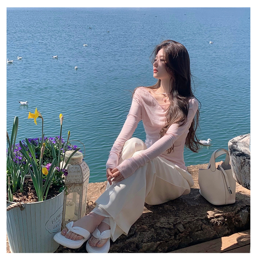 Áo sweater Lệch Vai Một Bên Vai Màu Hồng Nhạt Dịu Dàng Nữ Tính