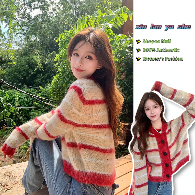 Áo Khoác cardigan Dệt Kim Tay Dài Dáng Rộng Họa Tiết Kẻ Sọc Màu Sắc Tương Phản Phong Cách Hàn Quốc Thời Trang Thu Đông Cho Nữ