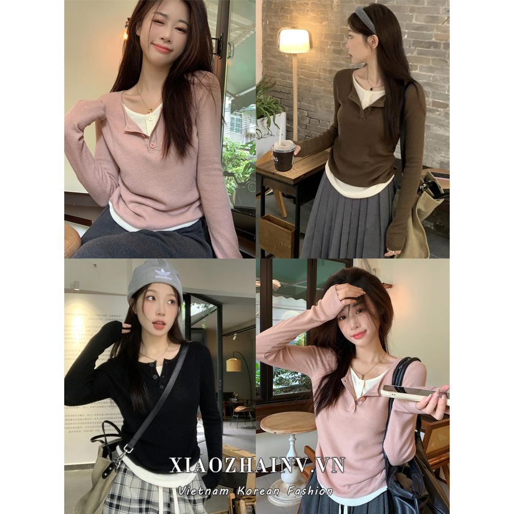 Xiaozhanv Áo Khoác cardigan Dài Tay Cổ Chữ v Phối Màu Tương Phản Thời Trang Mùa Thu Hàn Quốc Cho Nữ Có 3