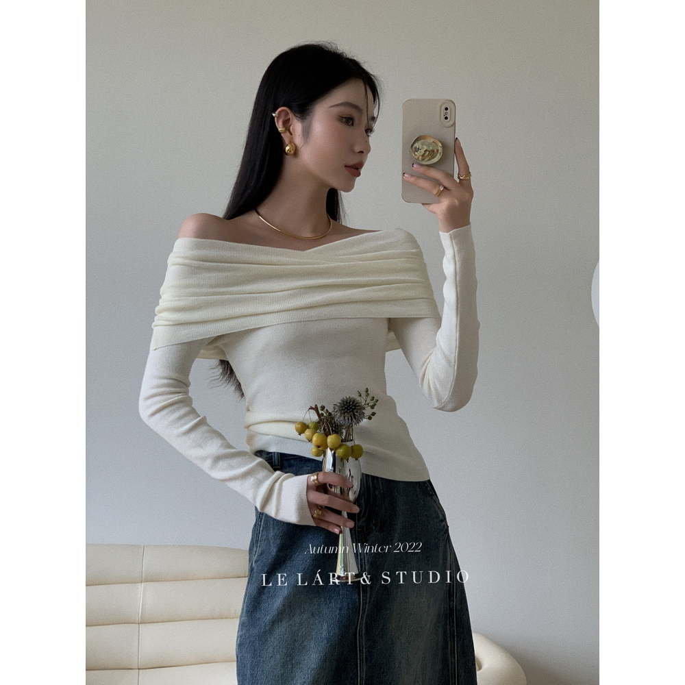 QADCOL Áo sweater Trễ Vai Một Đường Viền Xoắn Cổ Thời Trang Mùa Thu Cho Nữ