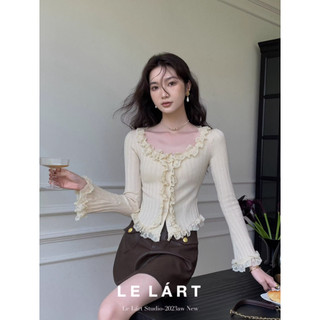 QADCOL Maillard Áo cardigan Dệt Kim Tay Dài Cổ Tròn Phối Ren Màu Tương Phản Dễ Thương