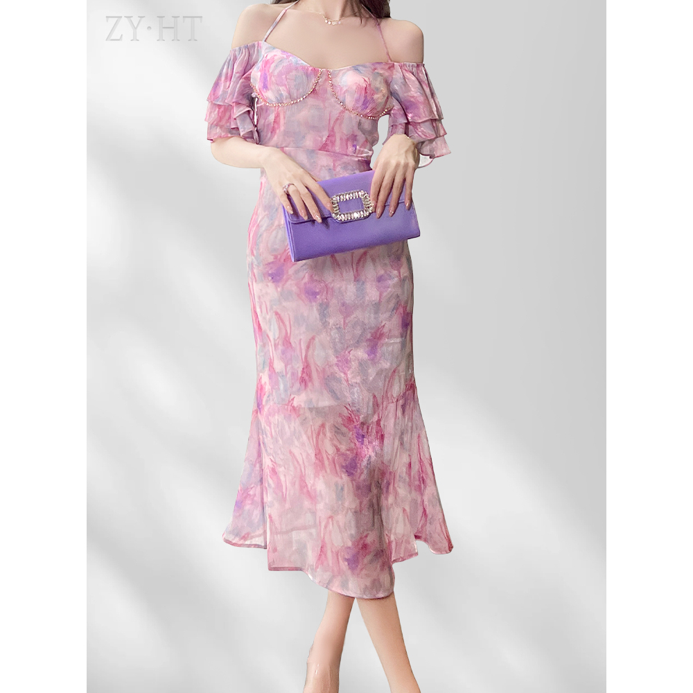 ZYHT Đầm ngọt ngào in hoa Maxi Một từ cổ áo dây treo Đầm xòe hoa 10362