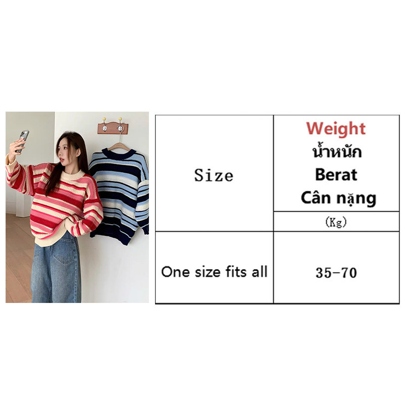 Áo len HENG SHAN YUAN tay dài dáng rộng họa tiết sọc ngang thời trang phong cách