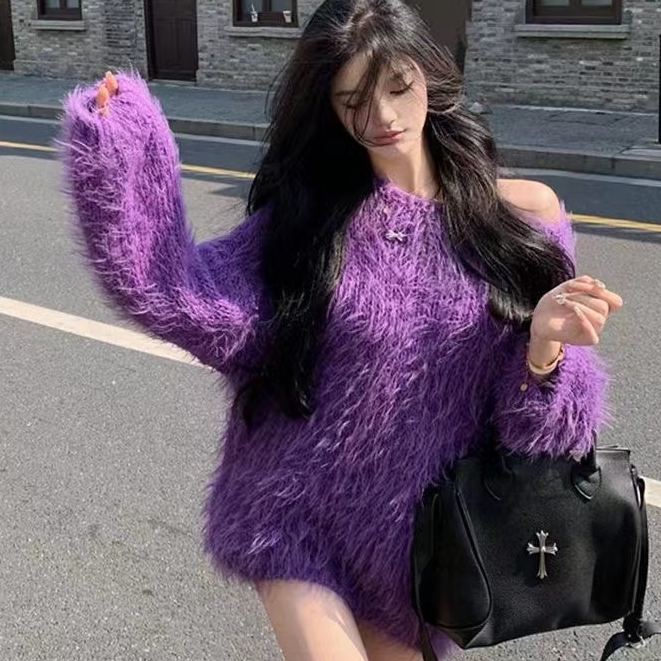 Áo Len Màu Tím Dáng Rộng Phong Cách Hàn Quốc Thời Trang Thu Đông Mới áo sweater áo len dài tay form rộng