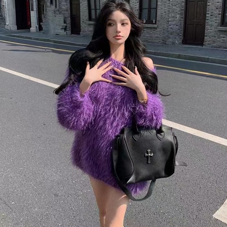 Áo Len Màu Tím Dáng Rộng Phong Cách Hàn Quốc Thời Trang Thu Đông Mới áo sweater áo len dài tay form rộng