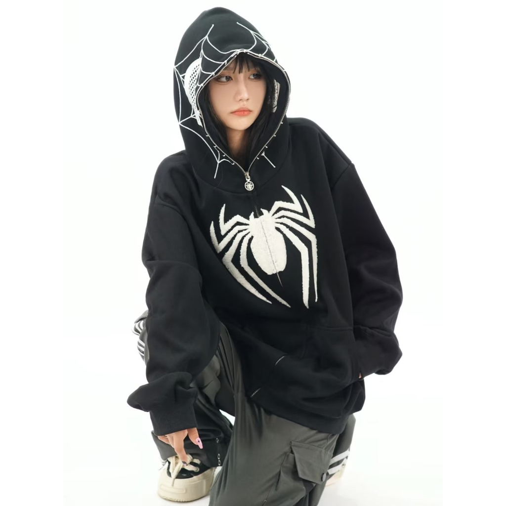Áo Khoác hoodie Dáng Rộng Phối Khóa Kéo Thêu Hình Người Nhện Kiểu Đường Phố Mỹ Cá Tính Cho Nam