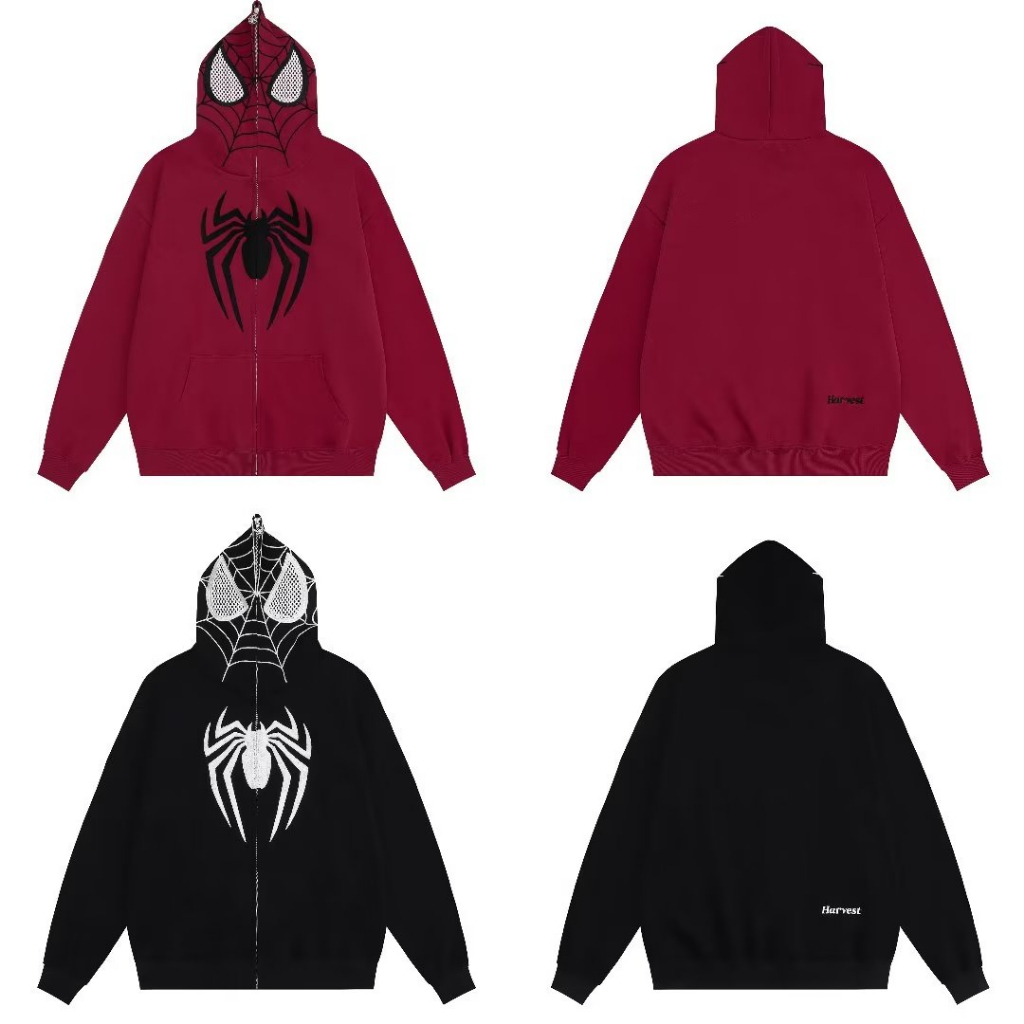 Áo Khoác hoodie Dáng Rộng Phối Khóa Kéo Thêu Hình Người Nhện Kiểu Đường Phố Mỹ Cá Tính Cho Nam