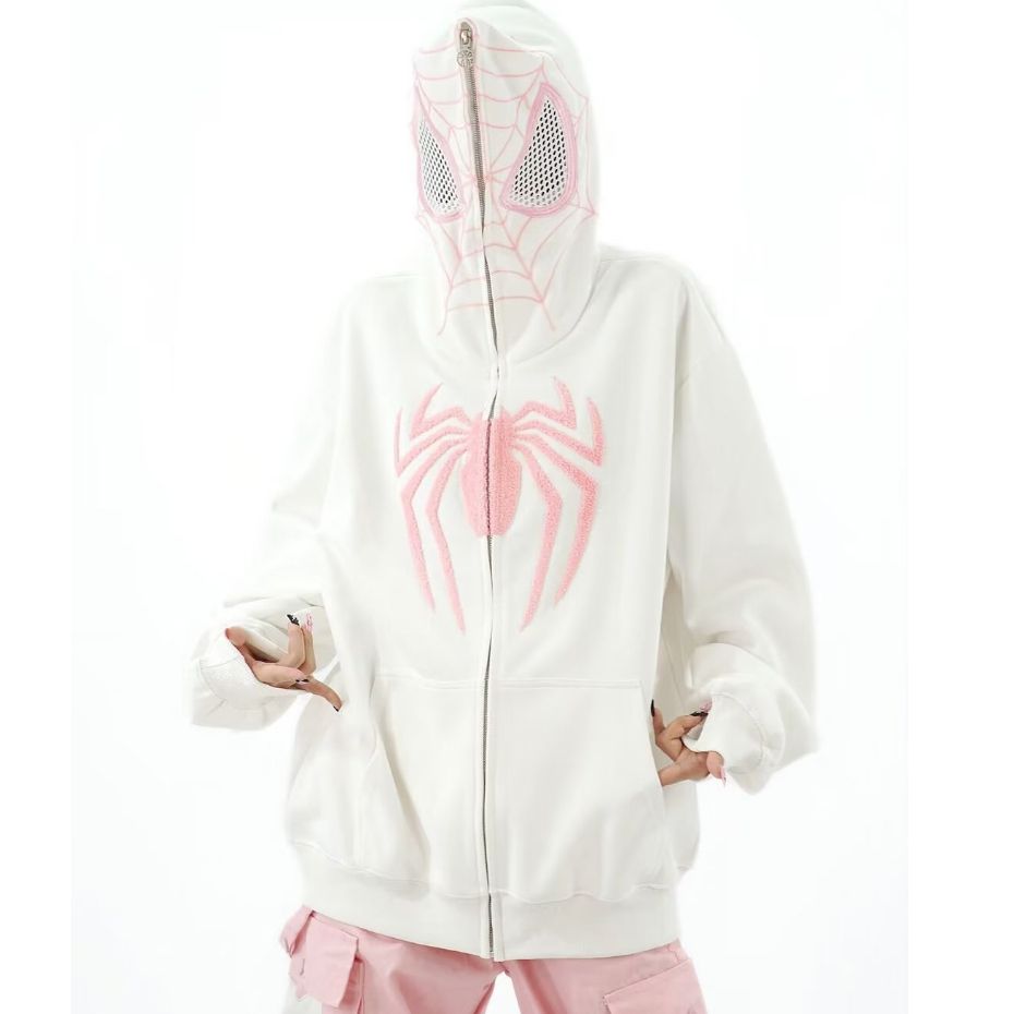 Áo Khoác hoodie Dáng Rộng Phối Khóa Kéo Thêu Hình Người Nhện Kiểu Đường Phố Mỹ Cá Tính Cho Nam