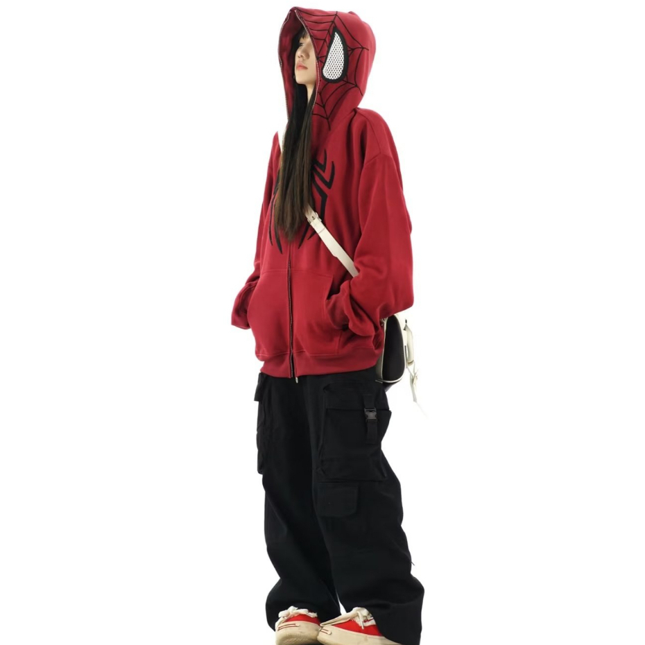 Áo Khoác hoodie Dáng Rộng Phối Khóa Kéo Thêu Hình Người Nhện Kiểu Đường Phố Mỹ Cá Tính Cho Nam