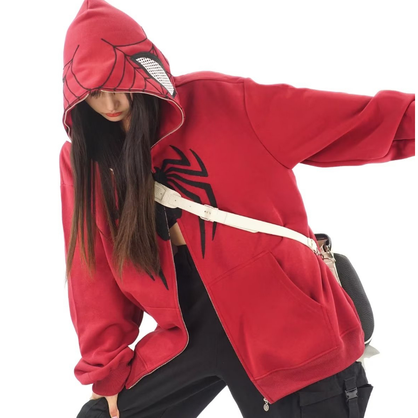Áo Khoác hoodie Dáng Rộng Phối Khóa Kéo Thêu Hình Người Nhện Kiểu Đường Phố Mỹ Cá Tính Cho Nam