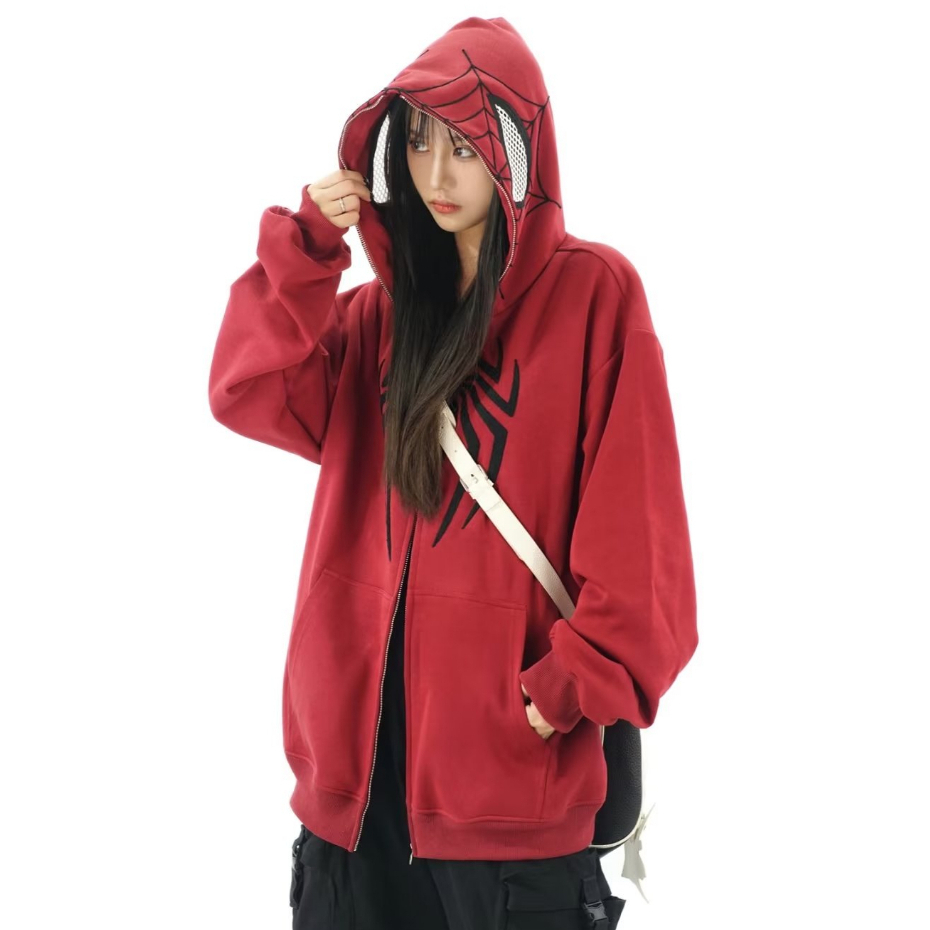 Áo Khoác hoodie Dáng Rộng Phối Khóa Kéo Thêu Hình Người Nhện Kiểu Đường Phố Mỹ Cá Tính Cho Nam