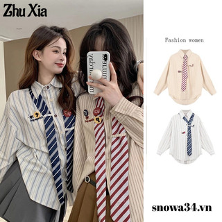 Zhu xia Áo Sơ Mi Nữ Kẻ Sọc Phong Cách retro Đại Học Mỹ Kèm Cà Vạt