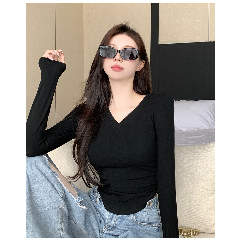Áo Thun Nữ Dài Tay Cổ Chữ v Thời Trang Hàn