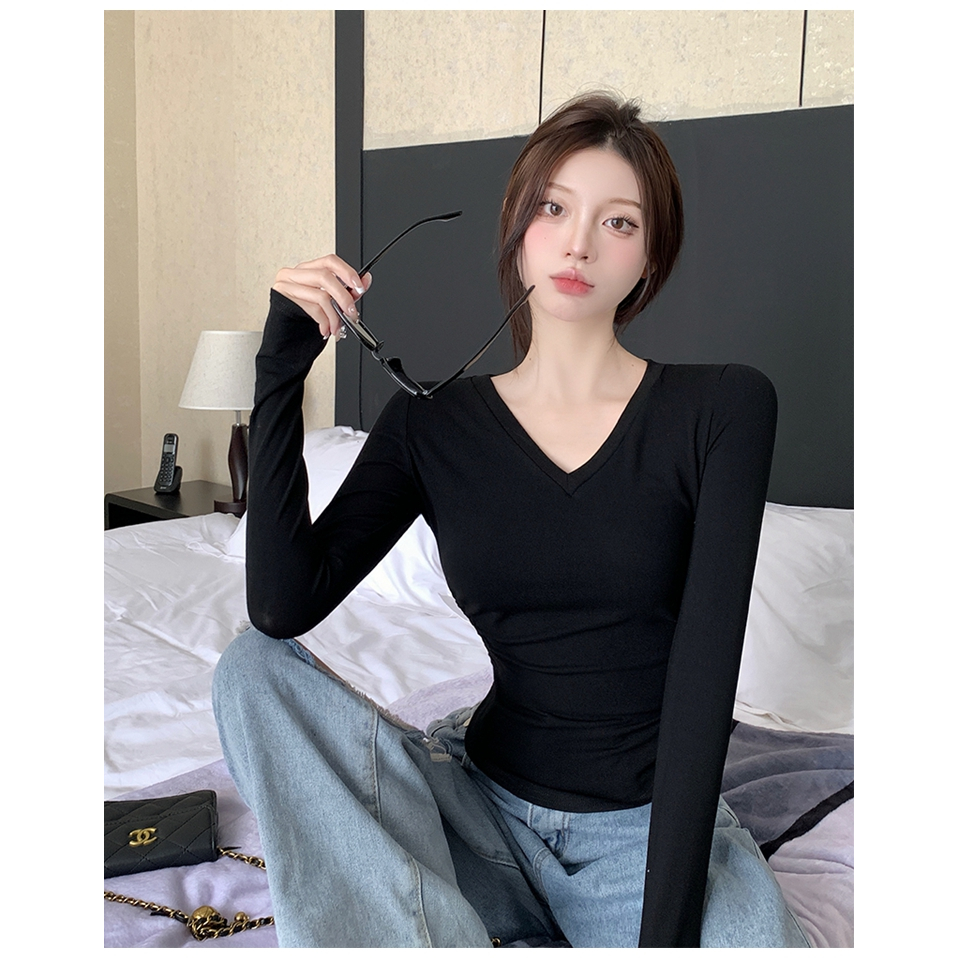 Áo Thun Nữ Dài Tay Cổ Chữ v Thời Trang Hàn