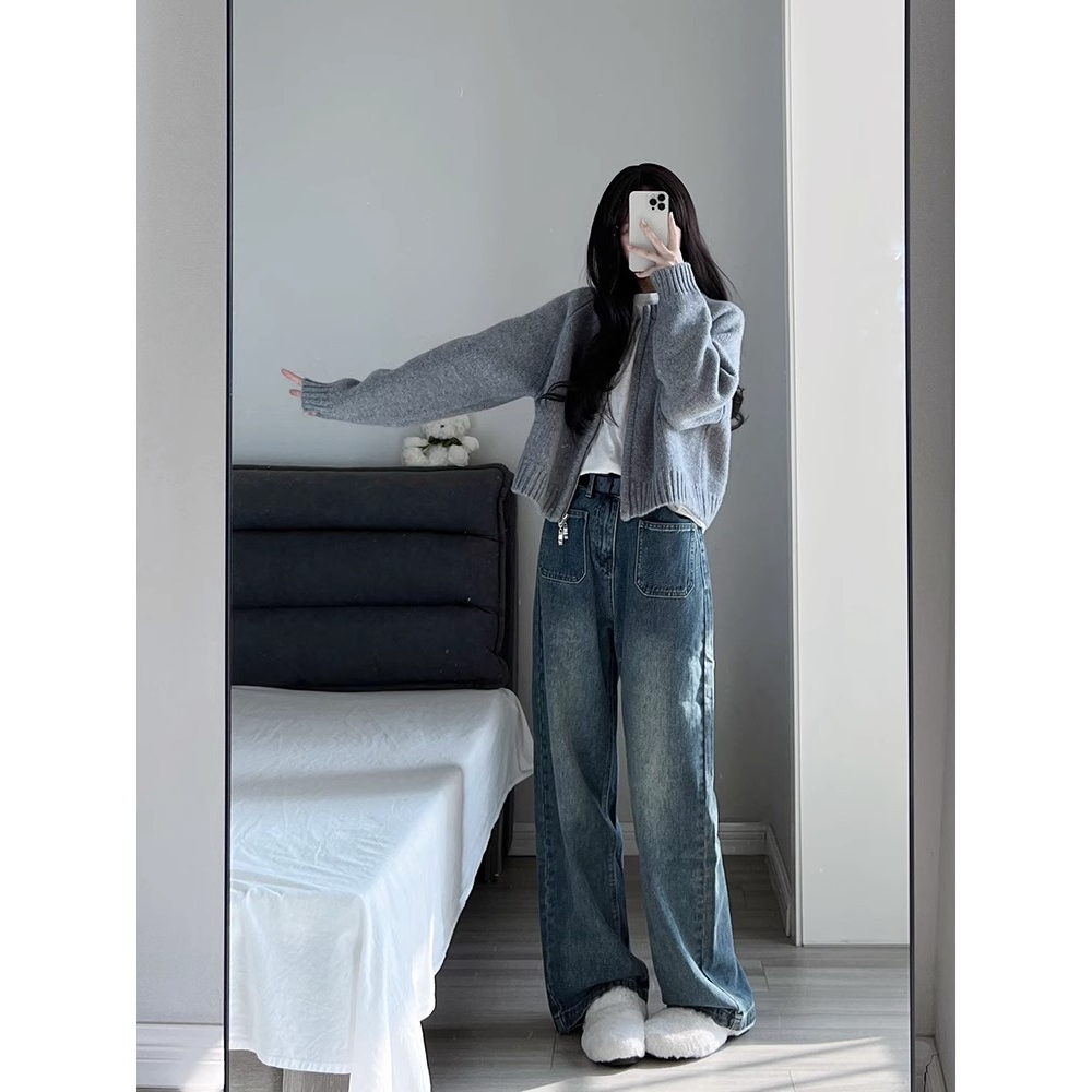 Xiaozhainv Áo Khoác cardigan Dệt Kim Tay Dài Dáng Rộng Có Khóa Kéo Phong Cách Hàn Quốc y2k