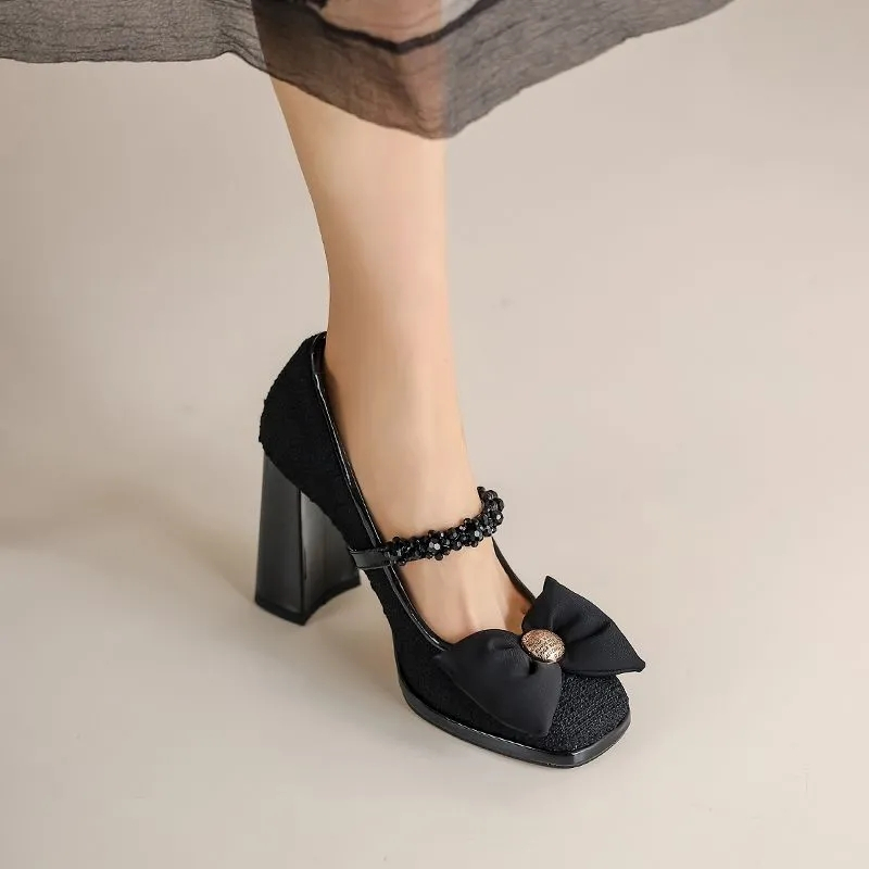 Giày Cao Gót Mũi Vuông Đế Dày Thắt Nơ Phong Cách Pháp Hàng Mới Dành Cho Bạn Nữ mary jane