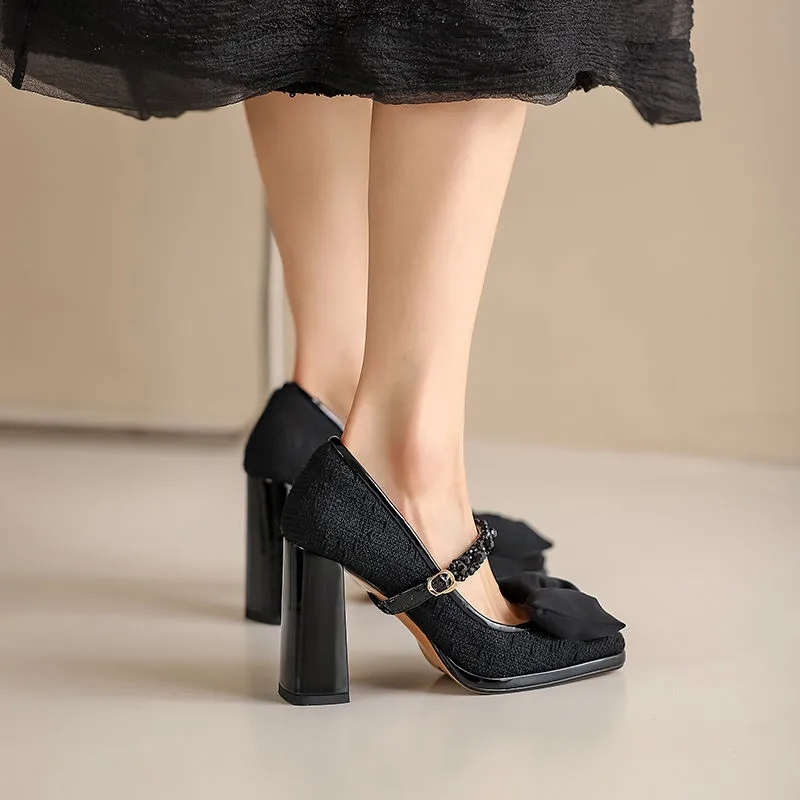Giày Cao Gót Mũi Vuông Đế Dày Thắt Nơ Phong Cách Pháp Hàng Mới Dành Cho Bạn Nữ mary jane