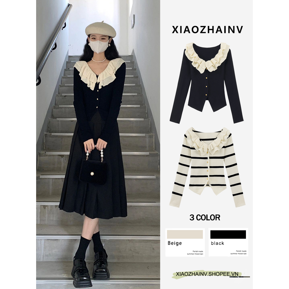 Áo dệt kim XIAOZHAINV tay dài cổ bèo màu đen trơn thanh lịch thời trang mùa thu dành cho nữ
