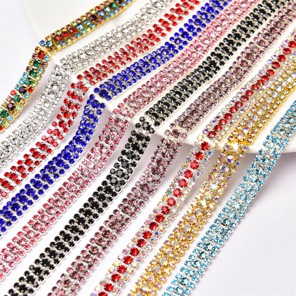 1 Yard Dây Xích 3 Hàng Đá Pha Lê ab Đế Màu Vàng / Bạc Có Vuốt Trang Trí Váy May Mặc