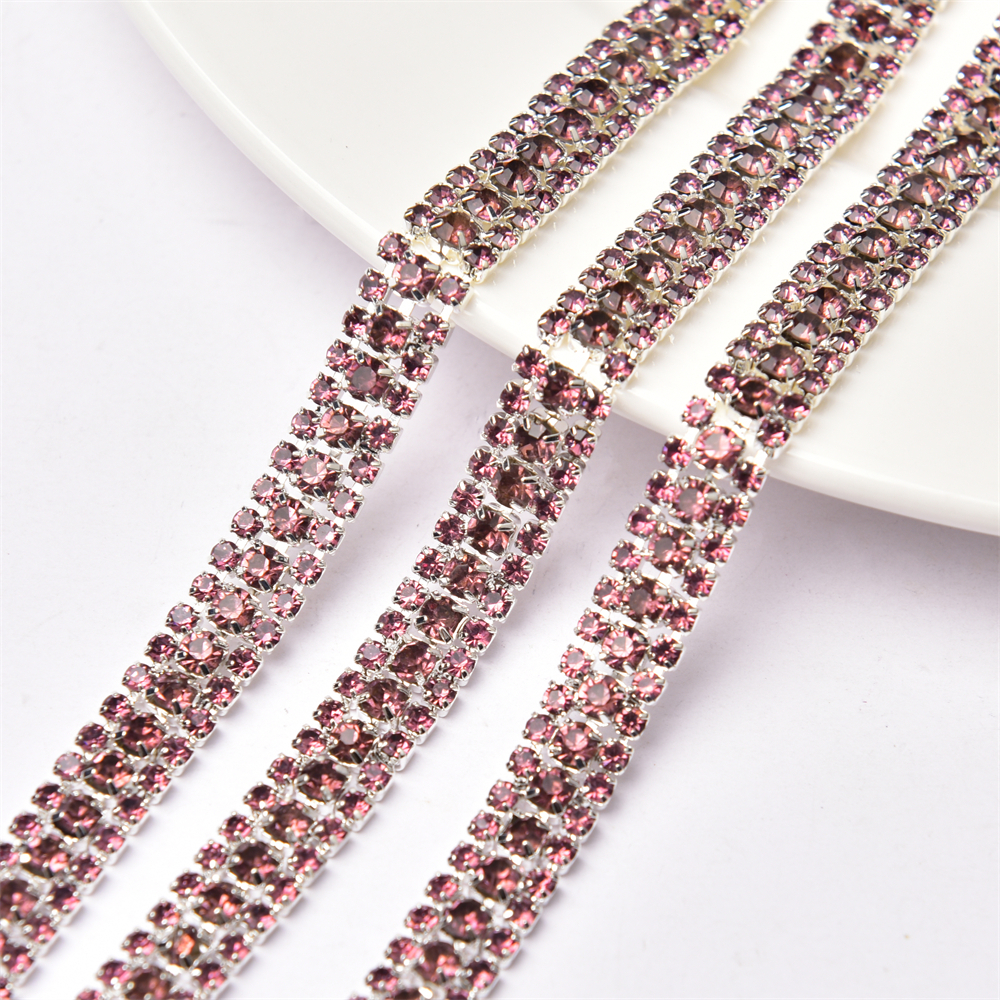 1 Yard Dây Xích 3 Hàng Đá Pha Lê ab Đế Màu Vàng / Bạc Có Vuốt Trang Trí Váy May Mặc