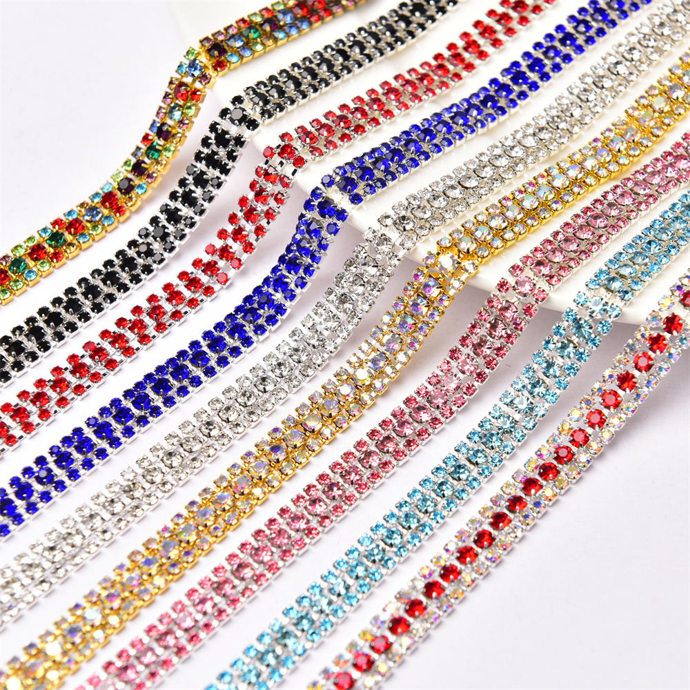 1 Yard Dây Xích 3 Hàng Đá Pha Lê ab Đế Màu Vàng / Bạc Có Vuốt Trang Trí Váy May Mặc