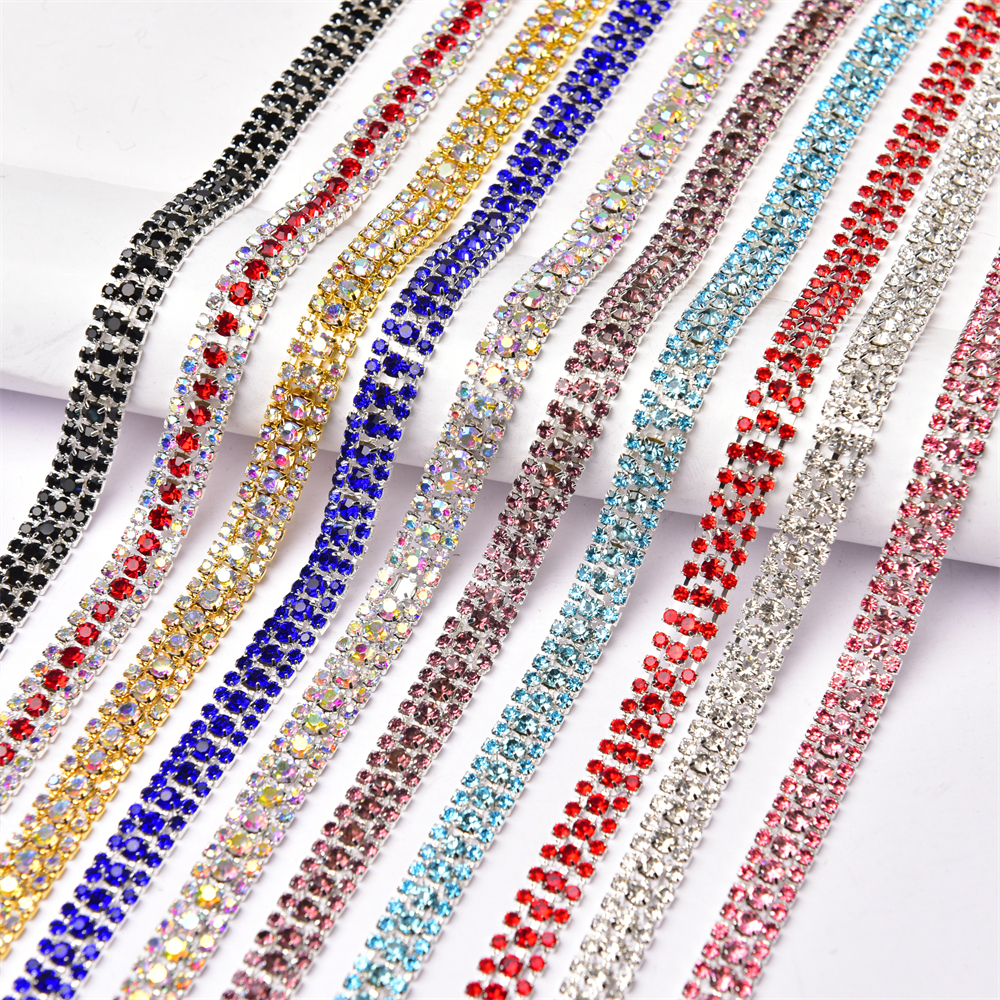 1 Yard Dây Xích 3 Hàng Đá Pha Lê ab Đế Màu Vàng / Bạc Có Vuốt Trang Trí Váy May Mặc