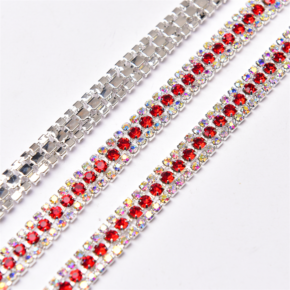 1 Yard Dây Xích 3 Hàng Đá Pha Lê ab Đế Màu Vàng / Bạc Có Vuốt Trang Trí Váy May Mặc