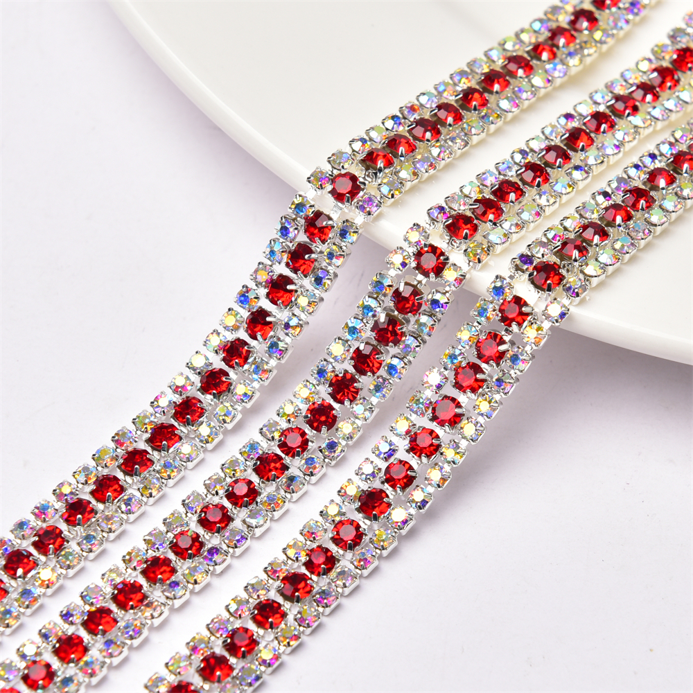 1 Yard Dây Xích 3 Hàng Đá Pha Lê ab Đế Màu Vàng / Bạc Có Vuốt Trang Trí Váy May Mặc