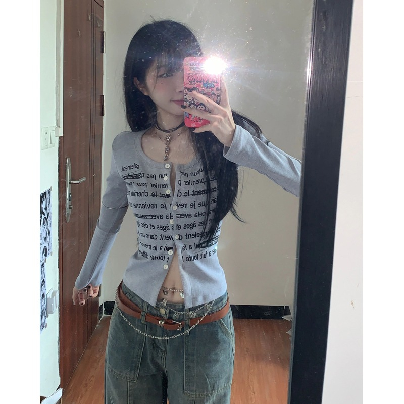 Ethelgirl Thời Trang Áo Thun Nữ Dài Tay In Chữ Phong Cách retro