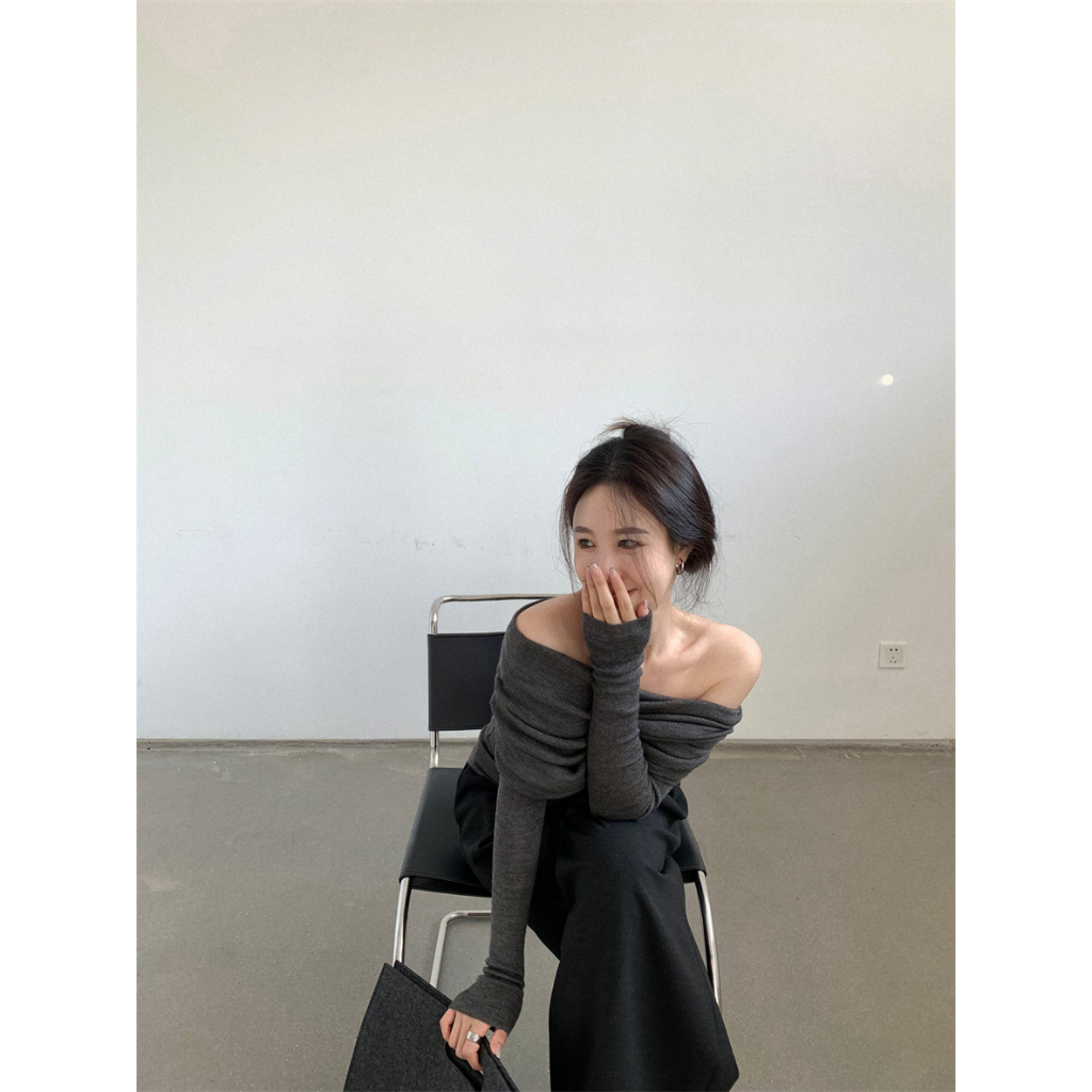 kumikumi HUANG YOYO Áo Croptop sweater Dệt Kim Một Bên Vai Cao Cấp Màu Trắng Phong Cách Pháp Thời Trang Mùa Thu Cao Cấp Cho Nữ