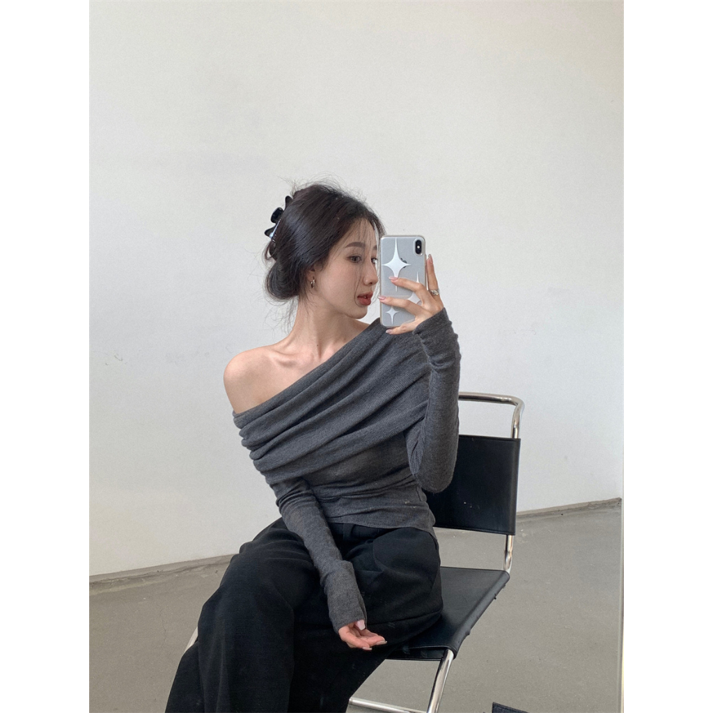 kumikumi HUANG YOYO Áo Croptop sweater Dệt Kim Một Bên Vai Cao Cấp Màu Trắng Phong Cách Pháp Thời Trang Mùa Thu Cao Cấp Cho Nữ