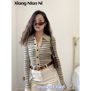 Xiang Nan Áo Khoác cardigan sweater Cổ polo Một Hàng Nút Họa Tiết Kẻ Sọc Tương Phản Thanh Lịch Phong Cách retro Pháp