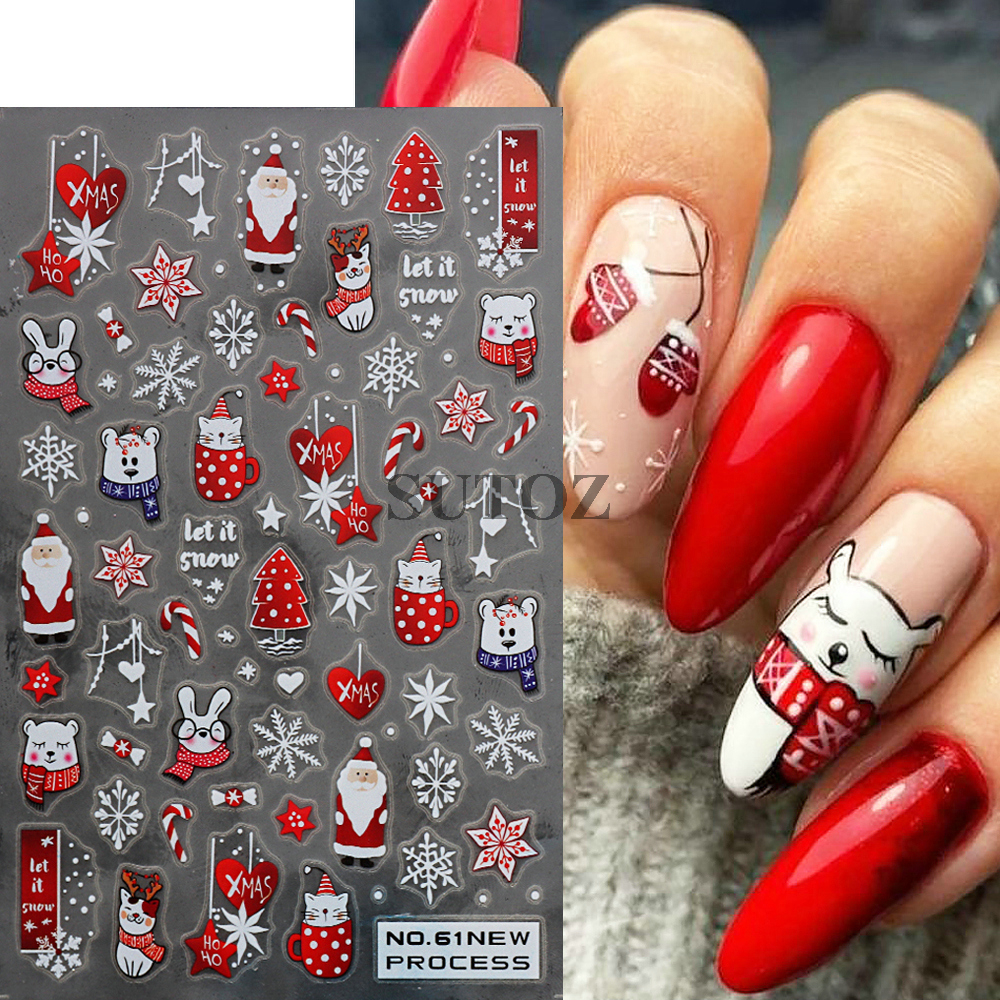 Miếng Dán Trang Trí Móng Tay 3d Hình Hoạt Hình Ông Già Noel / Bông Tuyết / Gấu Bắc Cực / Hươu Giáng Sinh