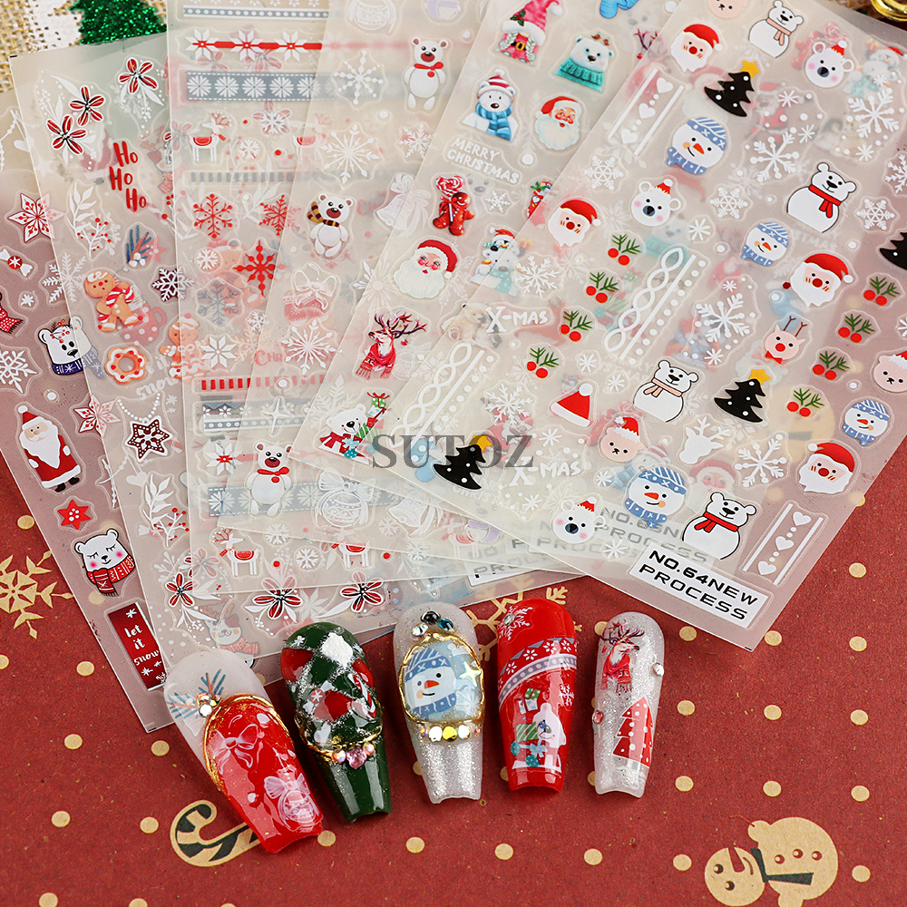 Miếng Dán Trang Trí Móng Tay 3d Hình Hoạt Hình Ông Già Noel / Bông Tuyết / Gấu Bắc Cực / Hươu Giáng Sinh