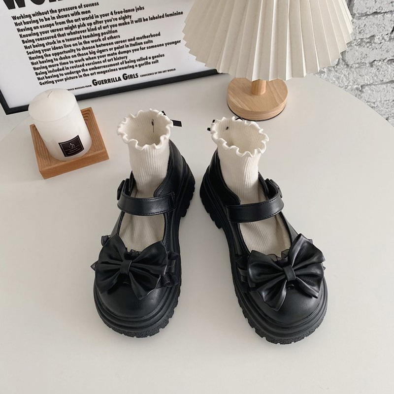 Giày nữ Lolita Giày búp bê giày mary jane Da Mềm Đính Nơ Phong Cách Lolita Cho Nữ Vòng đầu dày đế tăng chiều cao giày nữ