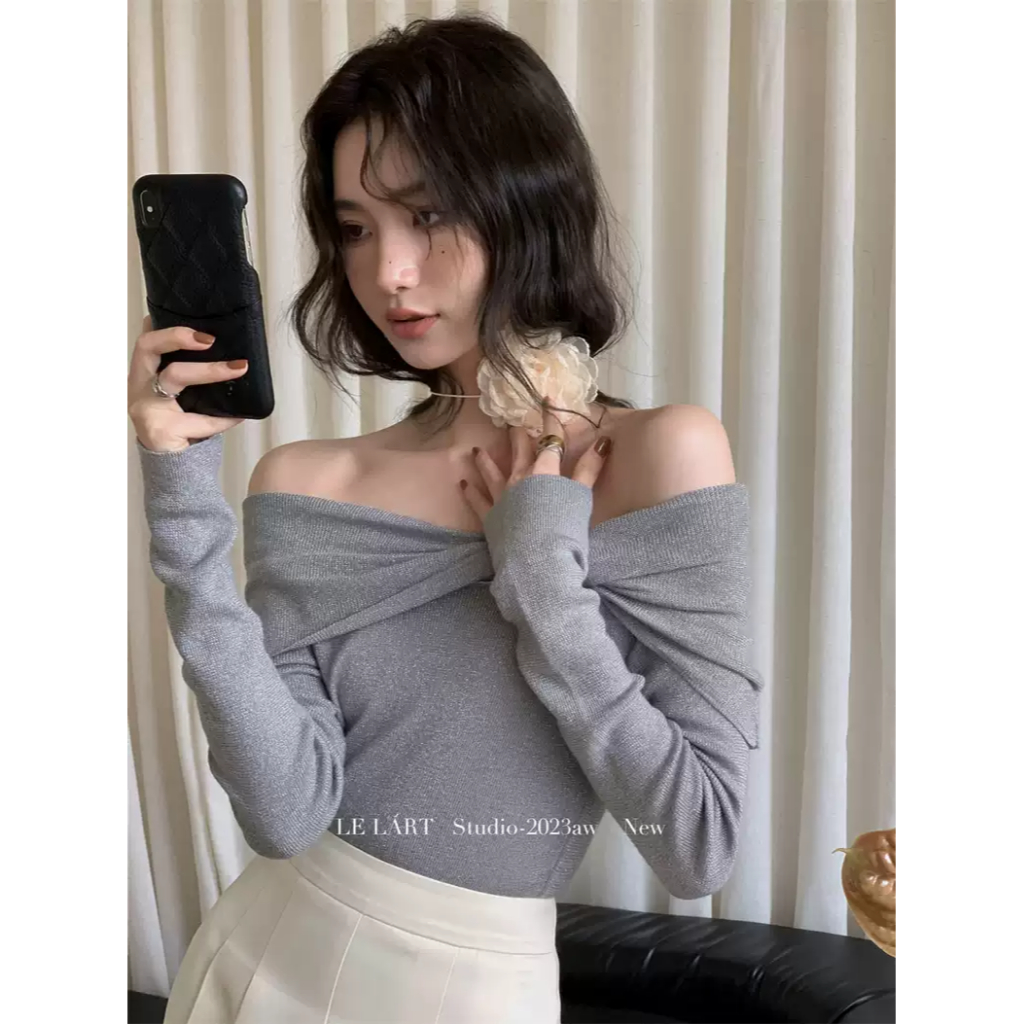 Áo Dệt Kim Trễ Vai Thắt Nút Phong Cách Hàn Quốc Thời Trang Cho Nữ