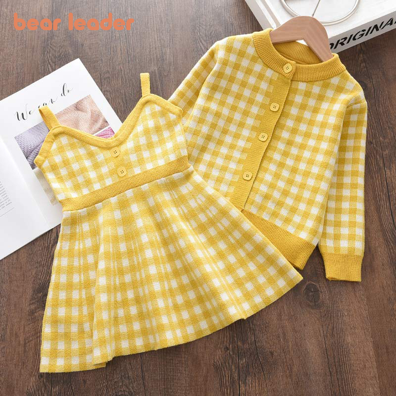 Bộ BEAR LEADER AZ2623 Áo sweater dệt kim in sọc caro + Đầm công chúa phong cách mùa đông dành cho bé gái