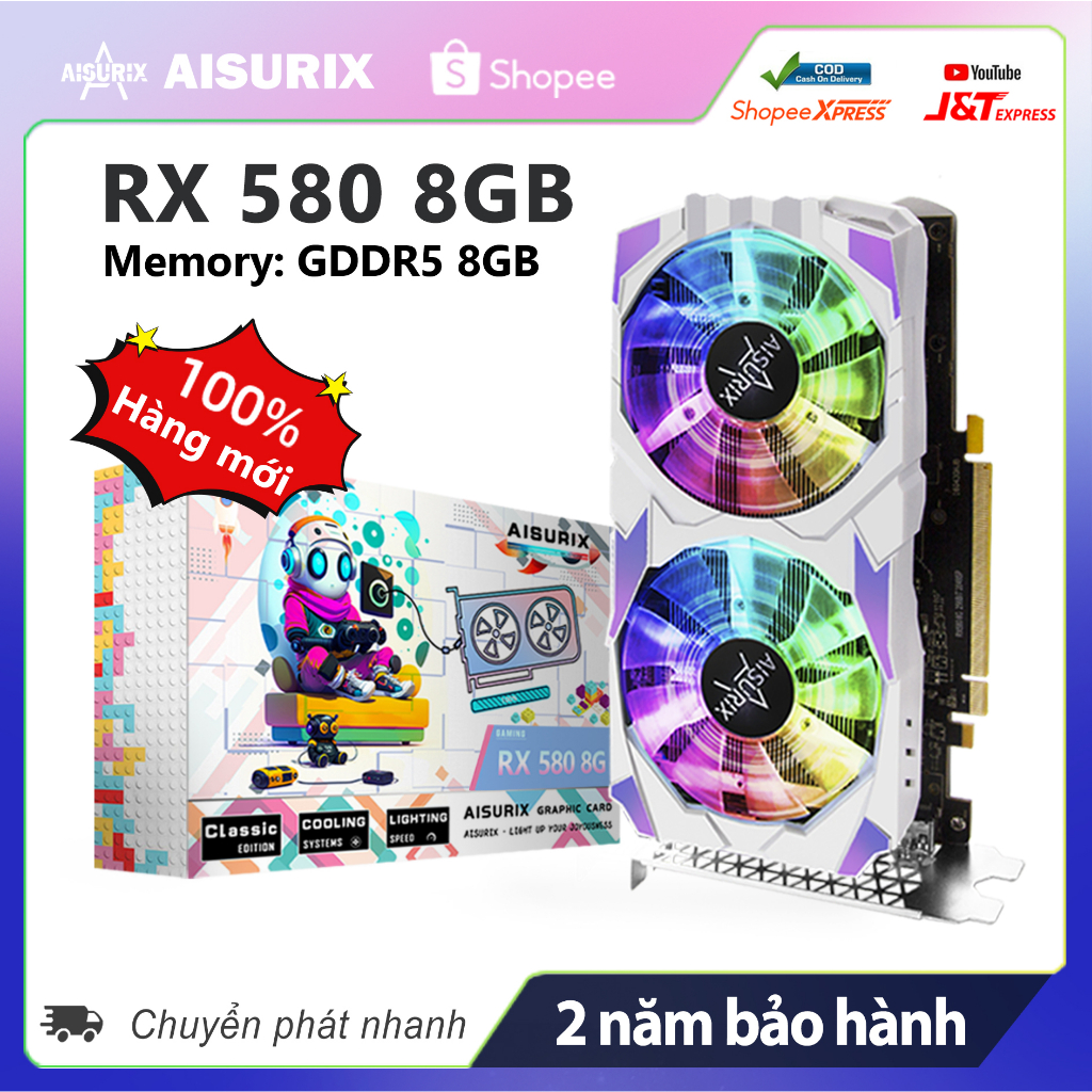 AISURIX VGA RGB Card màn hình RX580 8GB AMD máy tính Gaming GPU GDDR5 256Bit