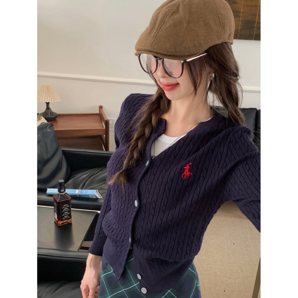 Áo Khoác cardigan Dệt Kim Tay Dài Thêu Hình Ngựa pony