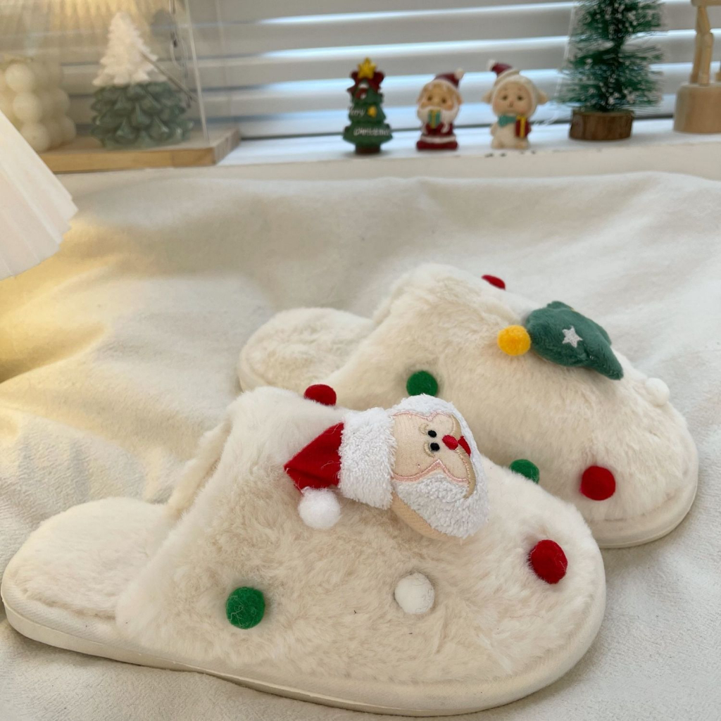🎅Có Hàng Sẵn🎅Dép Bông Đi Trong Nhà Bằng Vải cotton Phong Cách Giáng Sinh Dễ Thương
