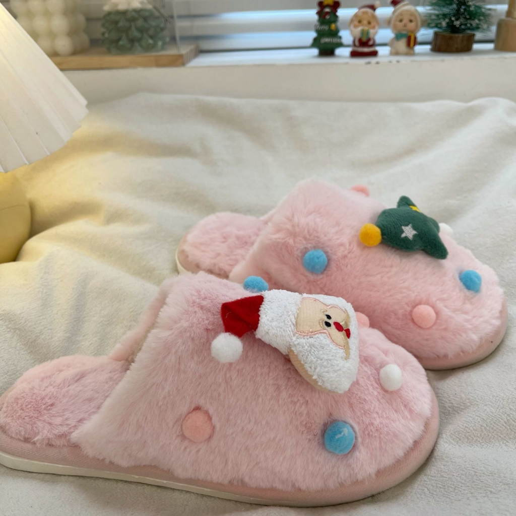 🎅Có Hàng Sẵn🎅Dép Bông Đi Trong Nhà Bằng Vải cotton Phong Cách Giáng Sinh Dễ Thương