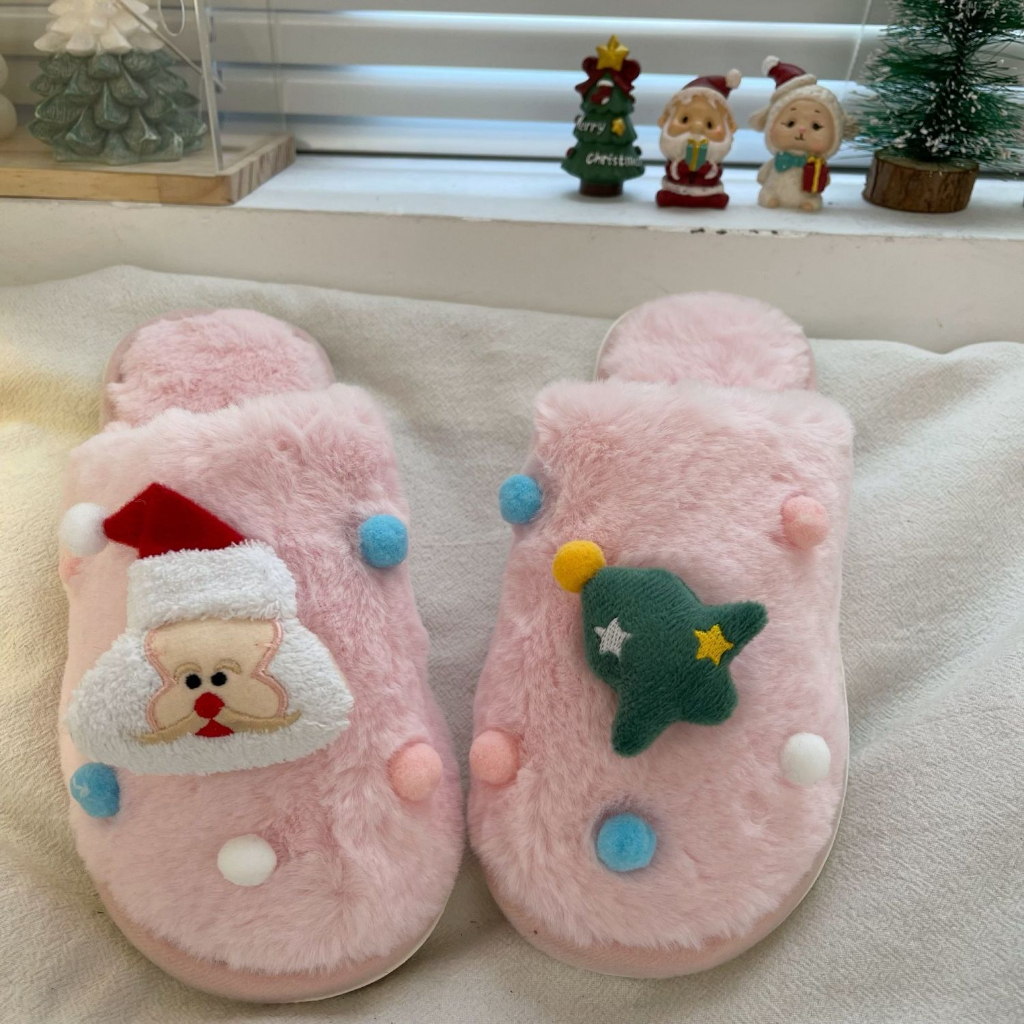 🎅Có Hàng Sẵn🎅Dép Bông Đi Trong Nhà Bằng Vải cotton Phong Cách Giáng Sinh Dễ Thương