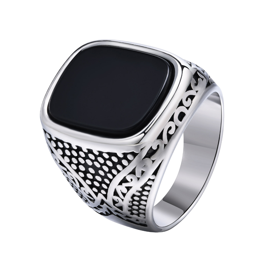 Nhẫn Mặt Đá Mã Não Khắc Chữ norse viking Bằng Thép Không Gỉ Thời Trang Cho Nam