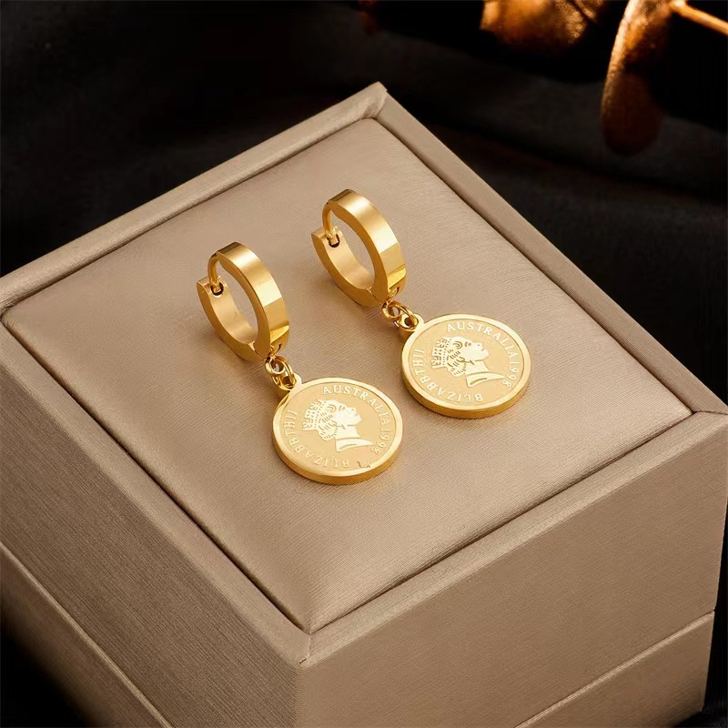 Bông tai hình tròn nữ tính, thép titan mạ vàng 18K